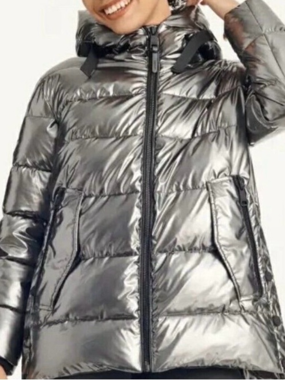 DKNY Women's Metallic Puffer Jacket with Hood - Silver